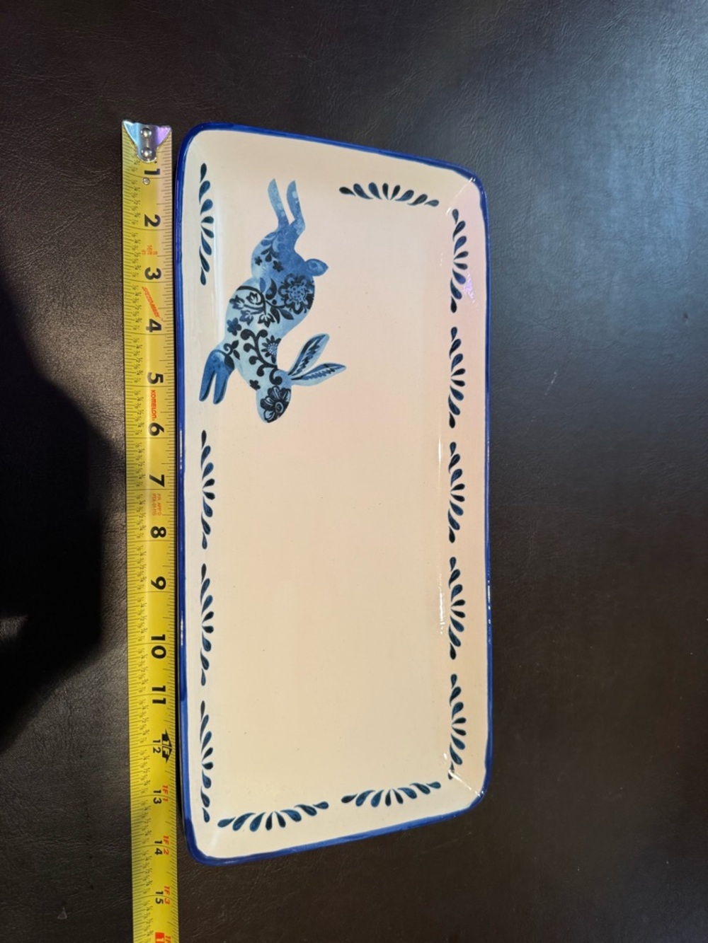 Blue Floral Rabbit Rectangular Ceramic Tray